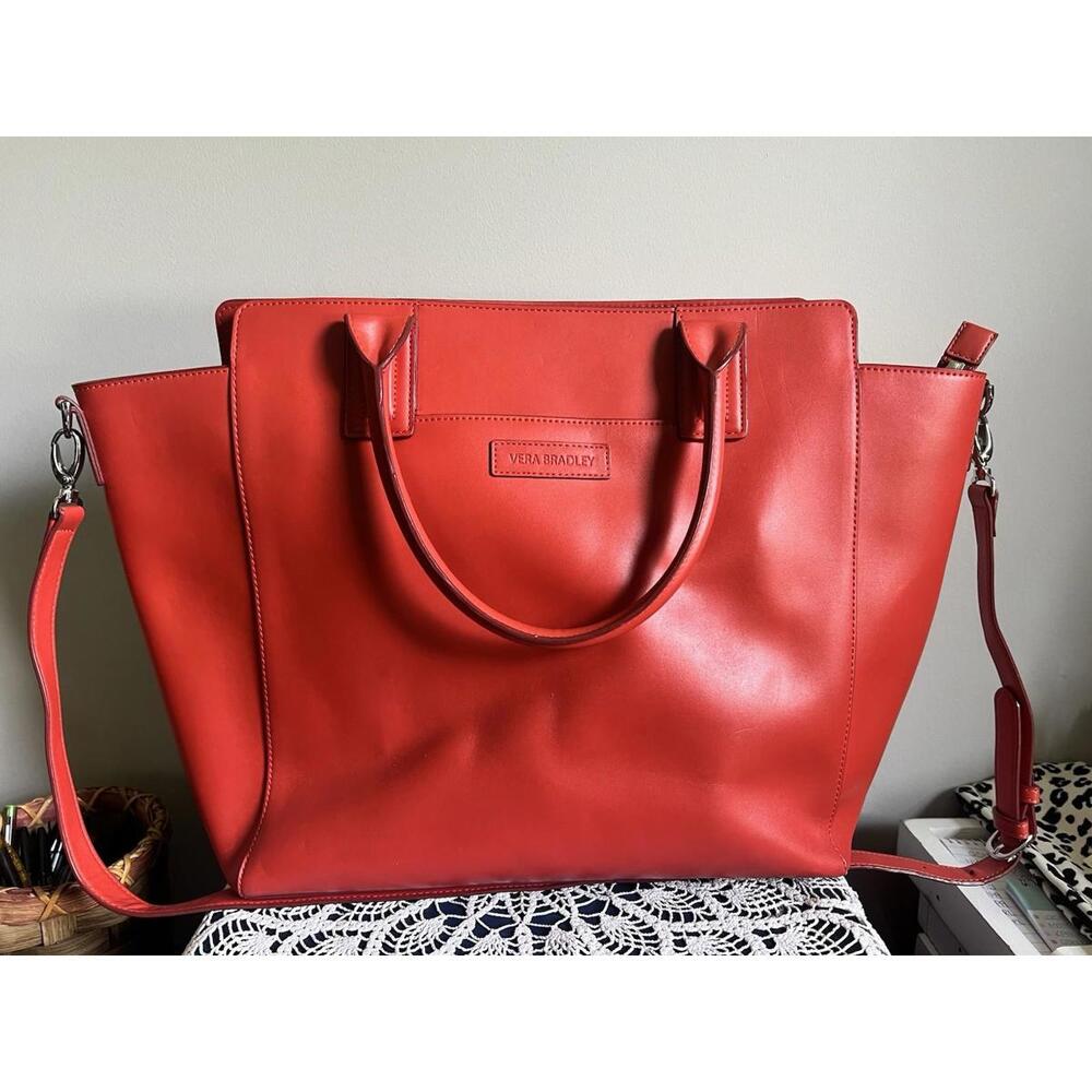 Vera Bradley Zippered Red Faux Leather Tote Shoulder Handbag Bag Double Handle